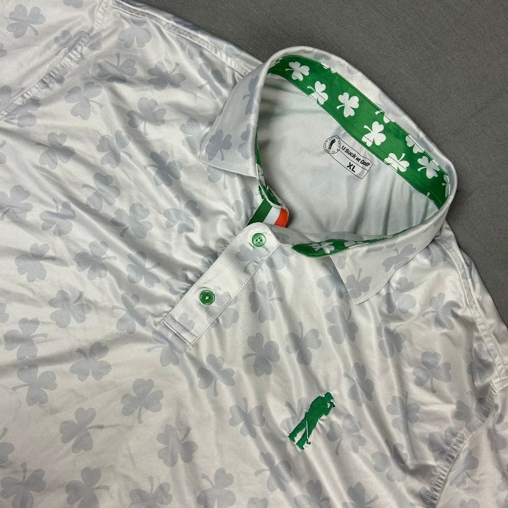 U Suck at Golf Polo Shirt Shamrock Pattern Performance Men XL White